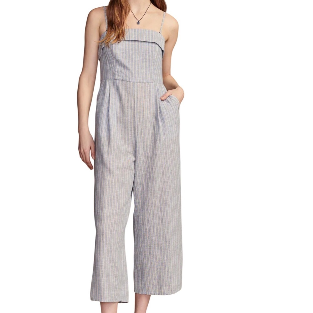 Lucky Brand Womens Striped Cotton Linen Wide Leg Jumpsuit Blue Size XXL Vacaton